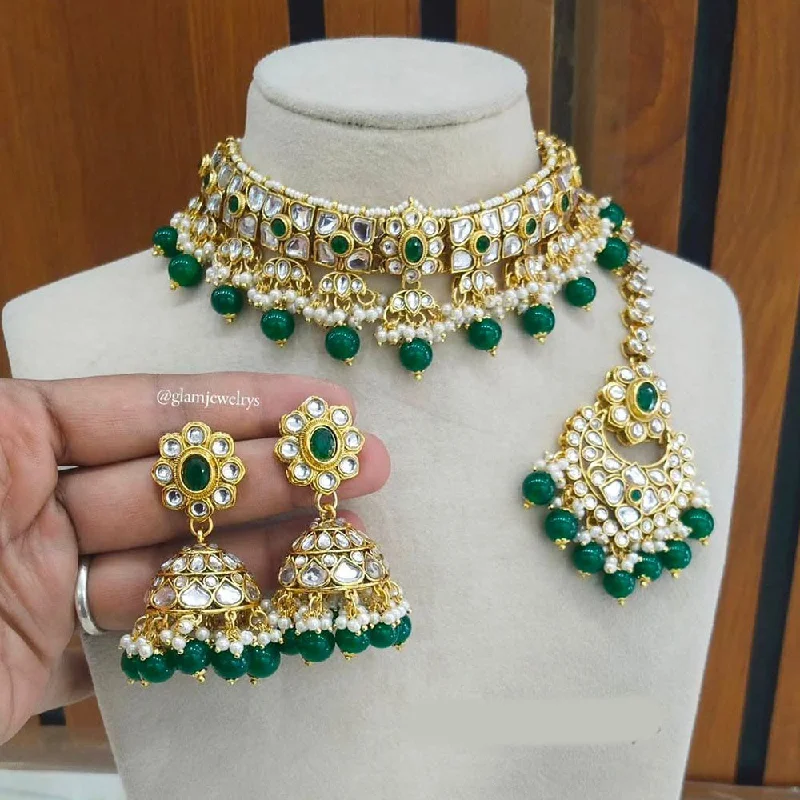 women’s luxury diamond necklace-Sai Fashion Gold Plated Kundan Stone And Pearls Choker Necklace Set