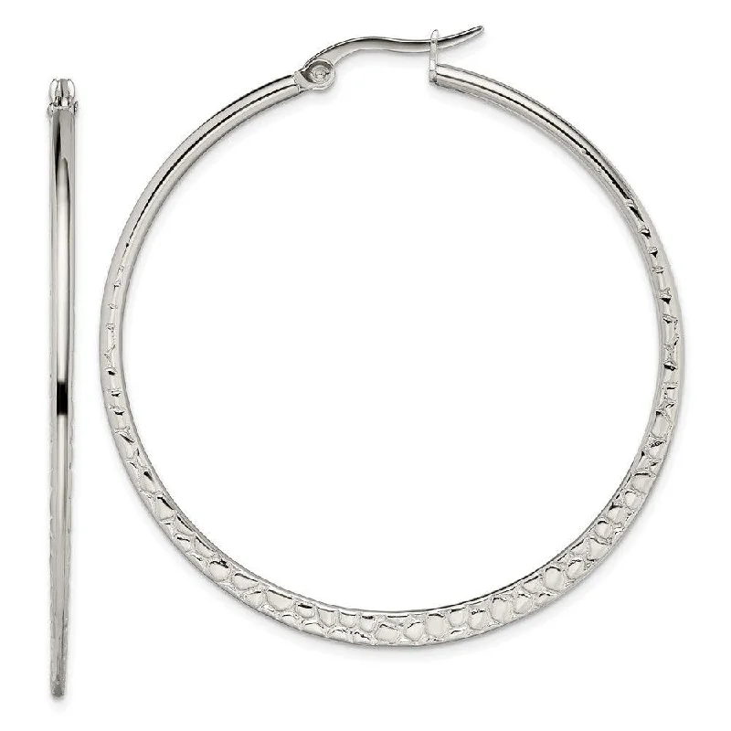 women’s diamond earrings-Stainless Steel 50mm Textured Hoop Earrings