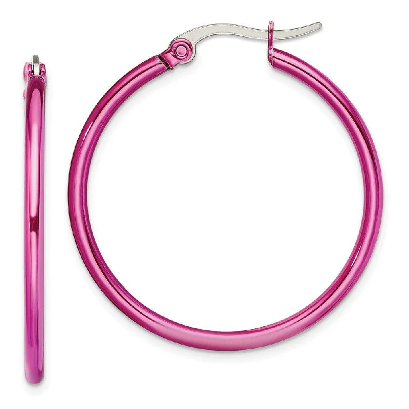 women’s huggie earrings-Stainless Steel Pink IP plated 32mm Hoop Earrings