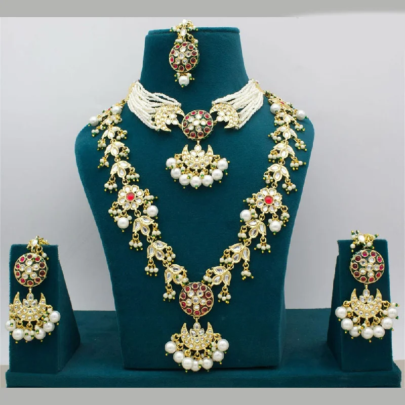 women’s diamond heart necklace-Manisha Jewellery Gold Plated Pota Stone And Pearls Double Necklace Set