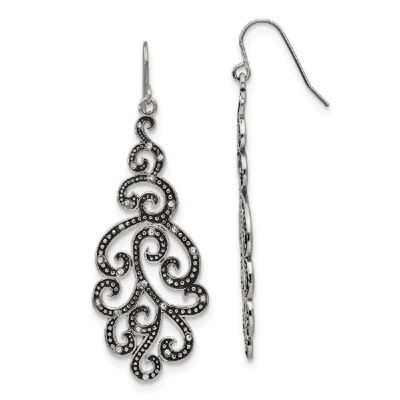 women’s modern earrings-Stainless Steel Polished Antiqued Crystal Shepherd Hook Earrings