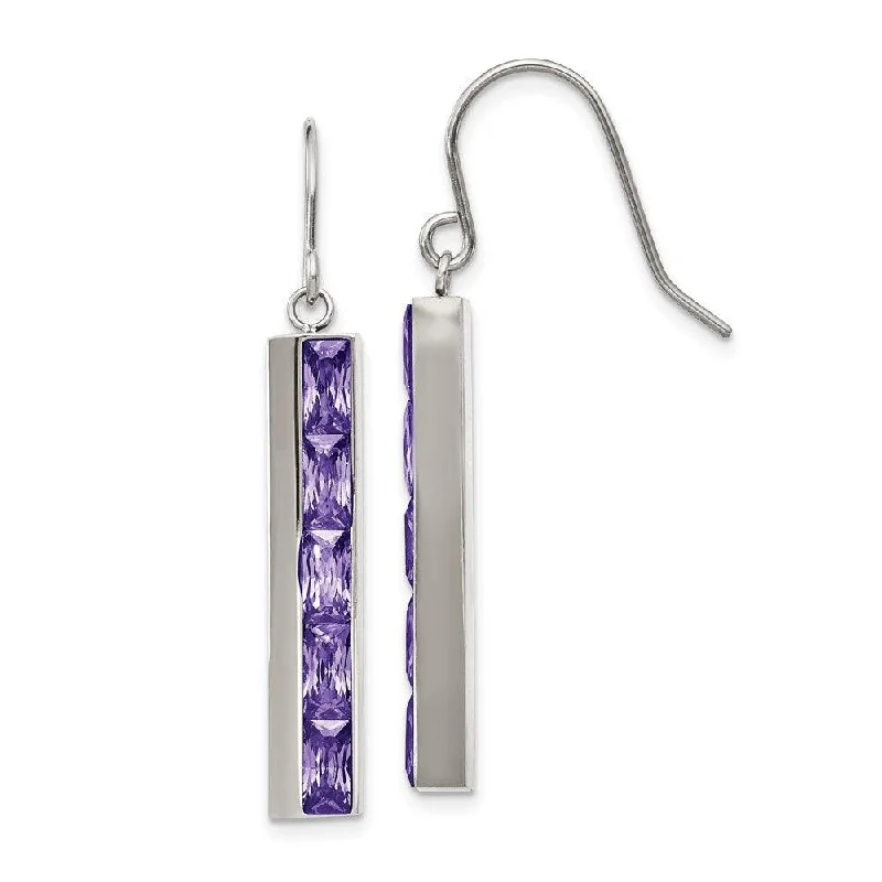 women’s emerald earrings-Stainless Steel Polished with Purple CZ Shepherd Hook Earrings