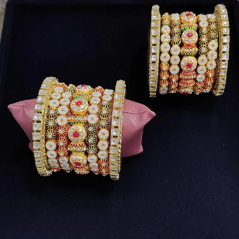 women’s engagement rings-women’s gold bracelet-Pooja Bangles Gold Plated Austrian Stone And Meenakari Bangles Set