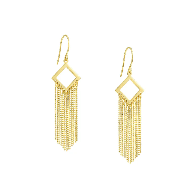 women’s pearl earrings-14K Gold Diamond-Shaped Earrings with Fringe Chain