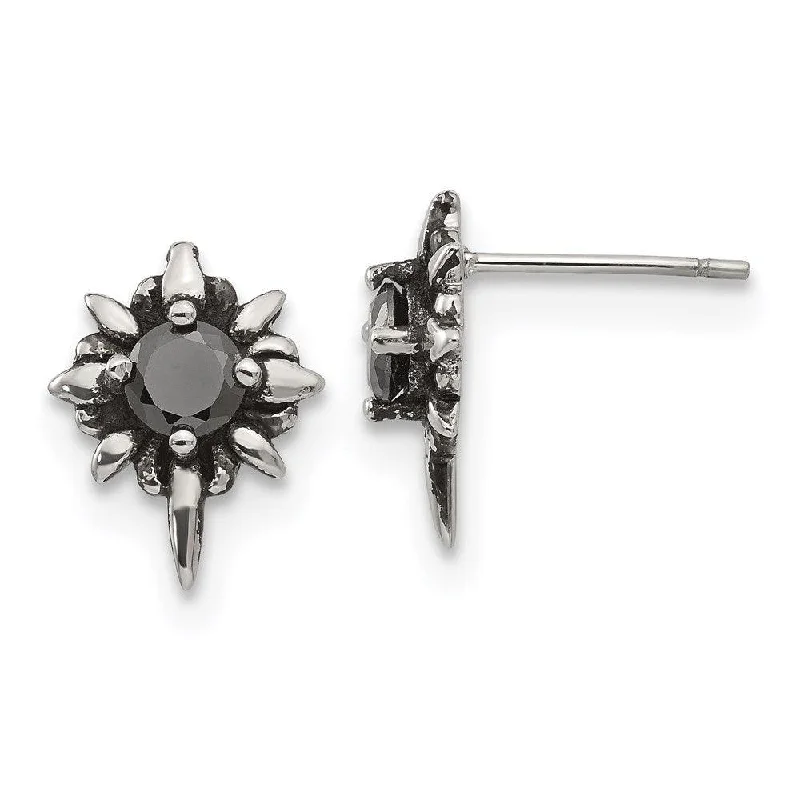 women’s statement earrings-Stainless Steel Antiqued and Polished w/Black CZ Post Earrings