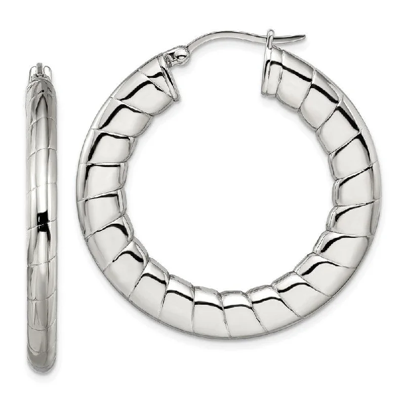 women’s feather earrings-Stainless Steel Textured Hollow Hoop Earrings