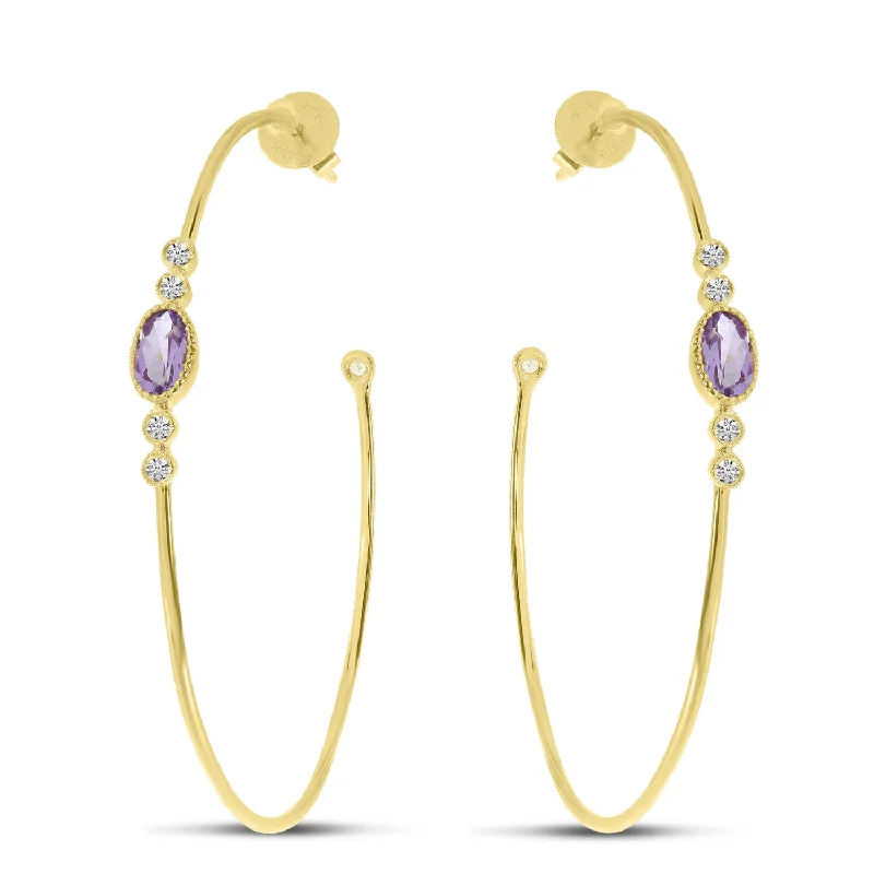 women’s trendy earrings-14K Yellow Gold Oval Amethyst Large Wire Hoop Earrings E4301W