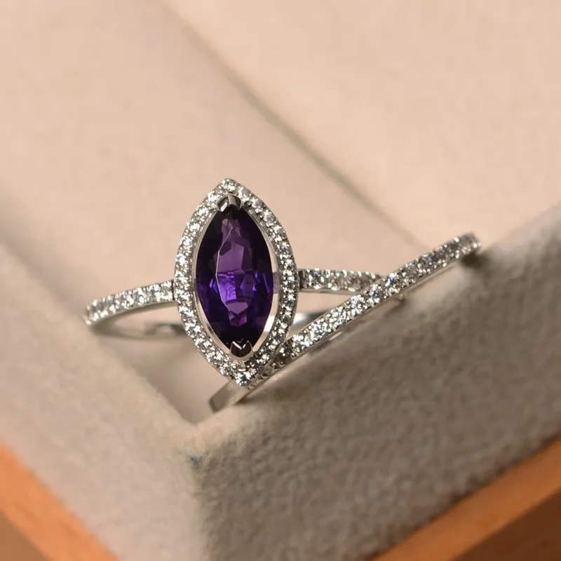 women’s stacking rings-Violet Amethyst Silver 2 set Ring