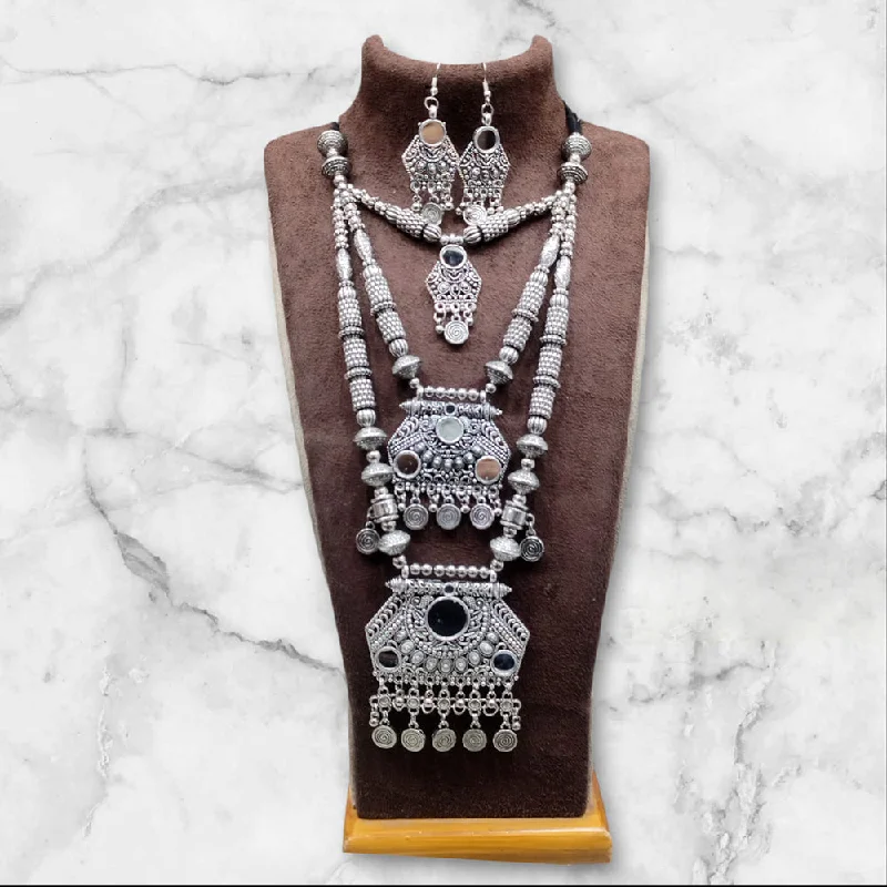 women’s wedding day necklace-Manisha Jewellery Oxidised Plated Mirror Double Necklace Set