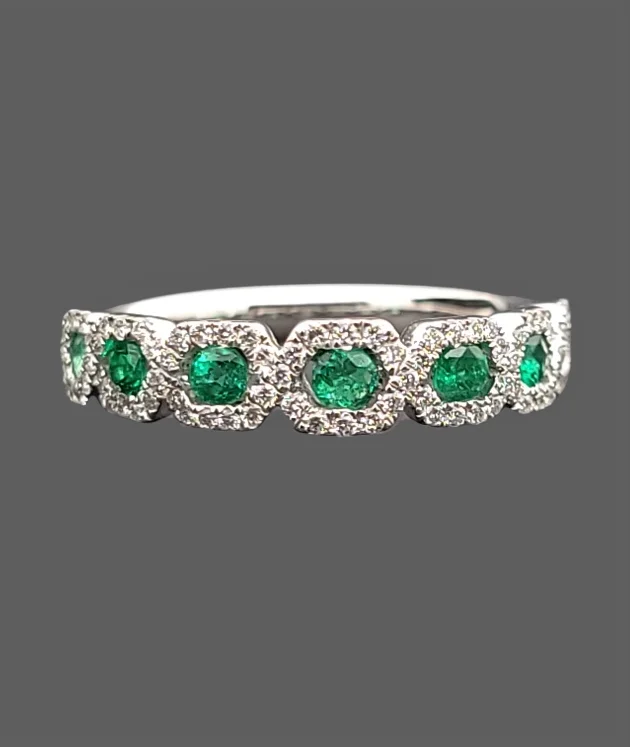 women’s gold engagement rings-14K White Gold Natural Emerald Diamond Band Ring