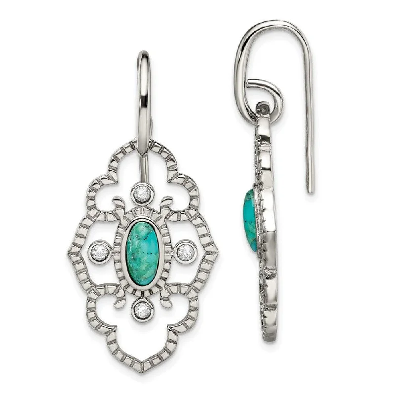 women’s circular earrings-Stainless Steel Polished Imi. Turquoise & CZ Dangle Earrings