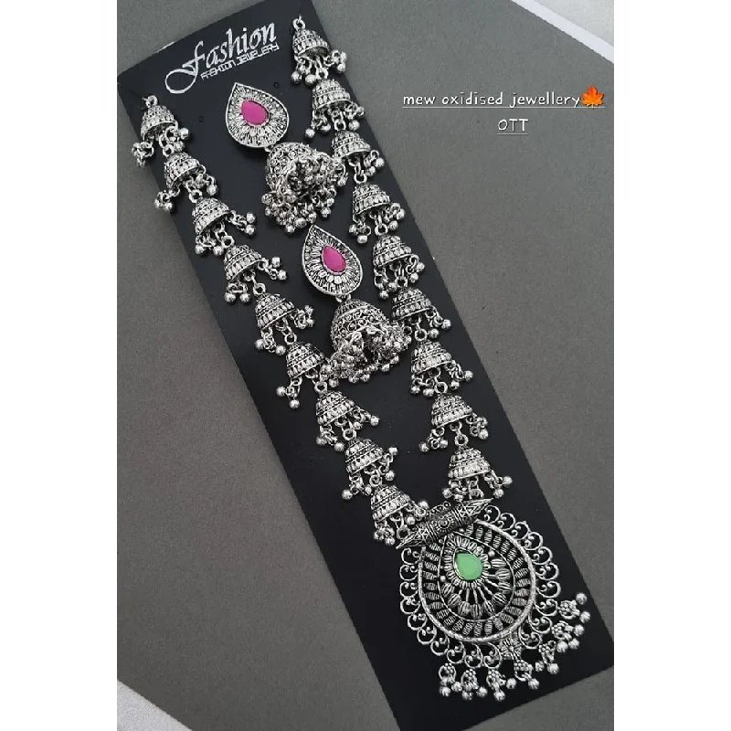 women’s custom birthstone necklace-Akruti Collection Oxidised Plated Pota Stone Long Necklace Set