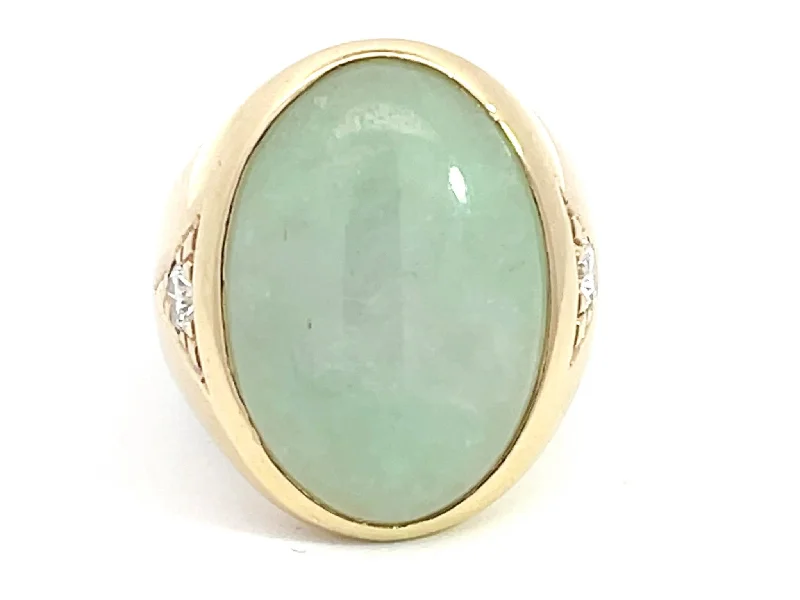 Oval Cabochon Pale Green Jade and Diamond Ring in 14K Yellow Gold