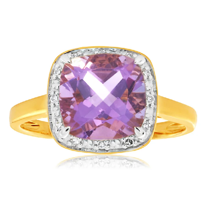 9ct Yellow Gold Amethyst Diamond Ring