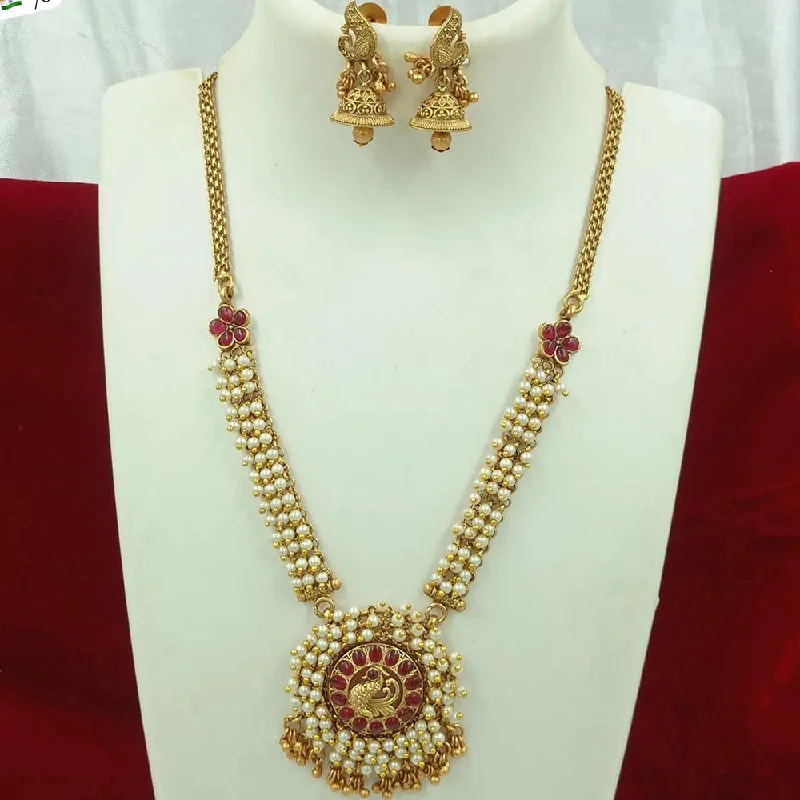 women’s gemstone necklace-FS Collection Gold Plated Pota Stone and Pearls Necklace Set