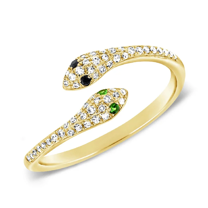 Captivating Double-Serpent Garnet & Diamond Ring in 14K Gold