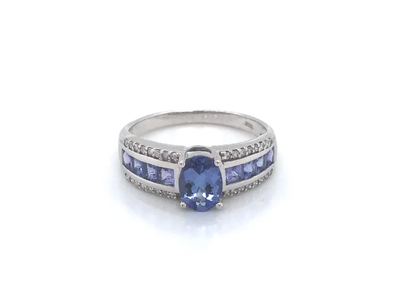 Purple Blue Tanzanite and Diamond Ring-14k White Gold