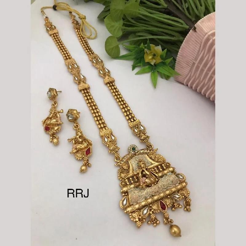 women’s luxury diamond necklace-FS Collection Gold Plated Kundan Stone And Meenakari Lord Ganesha Necklace Set