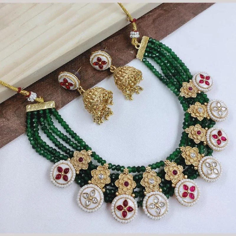 women’s silver pendant necklace-FS Collection Gold Plated Kundan Stone And Pearls Necklace Set