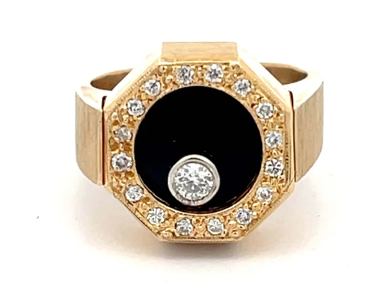 Rotating Diamond Ring on Black Onyx with Diamond Halo in 14k Yellow Gold