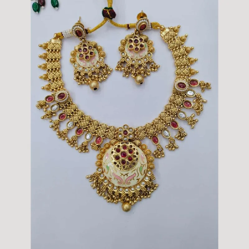 women’s beaded statement necklace-Manisha Jewellery Gold Plated Pota Stone And Beads Meenakari Necklace Set