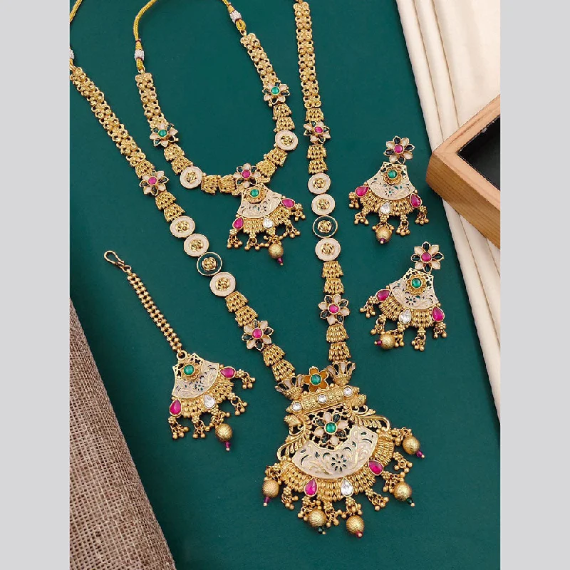 women’s diamond chain necklace-Neetu Art Gold Plated Pota Stone Double Necklace Set