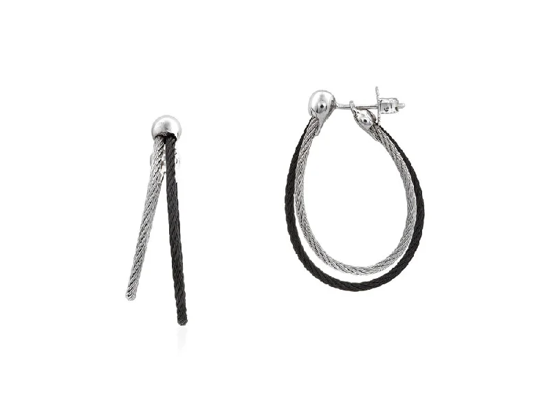 women’s butterfly earrings-ALOR Black & Grey Cable Asymmetrical Hoop Earrings with 18kt White Gold