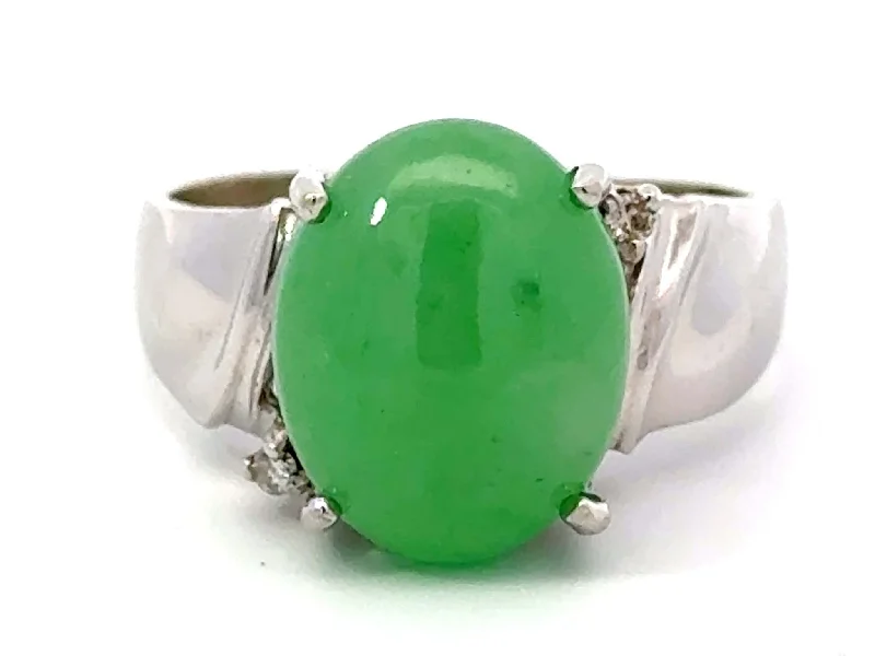 Oval Green Jade Cabochon Diamond Ring 14k White Gold