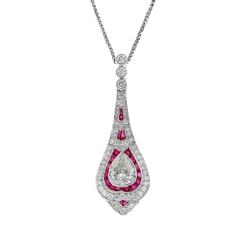 women’s silver pendant necklace-Platinum Diamond and Ruby Pendant Necklace