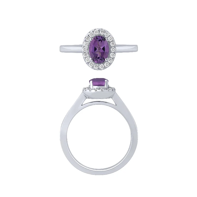 women’s round ring-14K White Gold Amethyst And Diamond Halo Ring