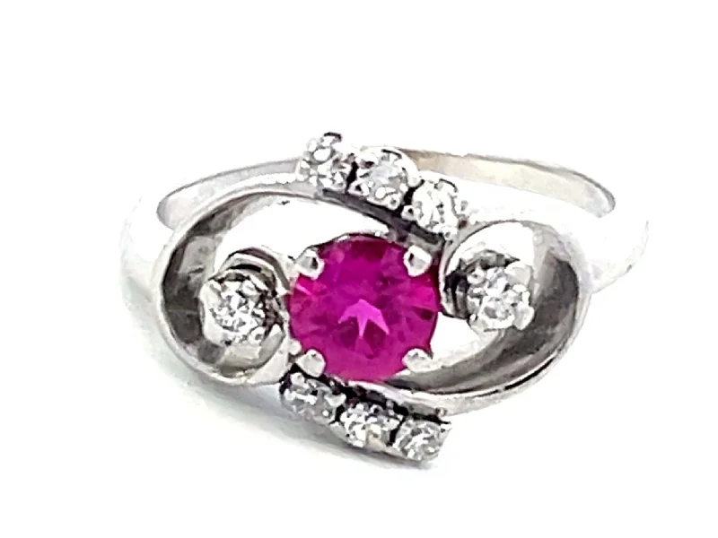 GIA Art Deco  Round Pink Sapphire and Diamond Ring in 18k White Gold