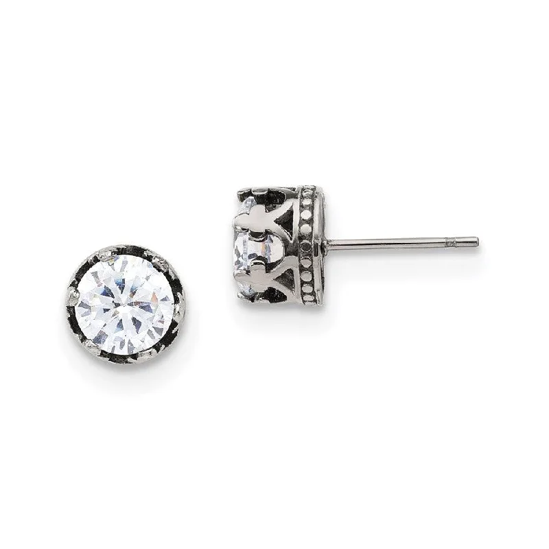 women’s heart stud earrings-Stainless Steel Antiqued and Polished Crown w/CZ Post Earrings