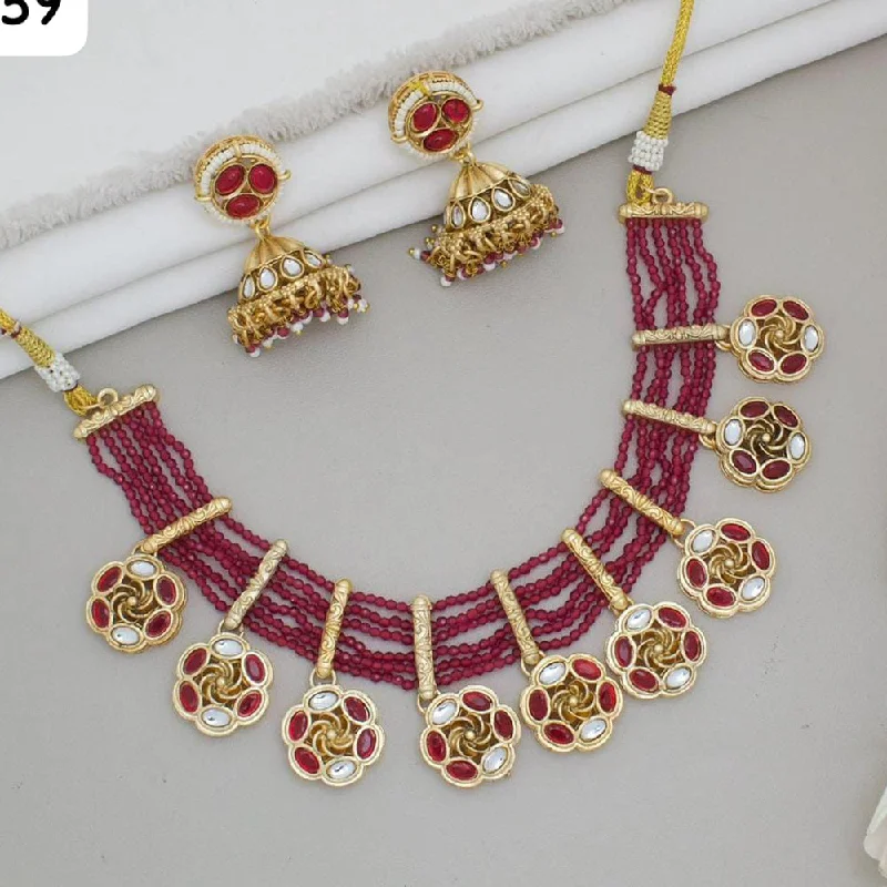 women’s heart necklace-JCM Gold Plated Kundan Stone And Beads Necklace Set