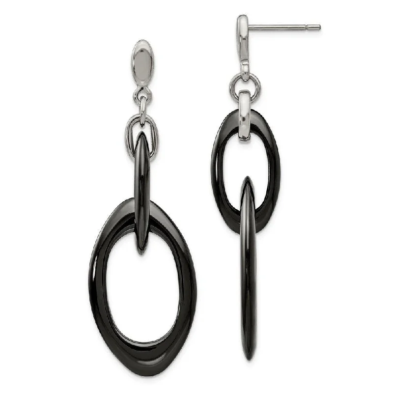 women’s zodiac earrings-Stainless Steel And Black Ceramic Polished Dangle Post Earrings