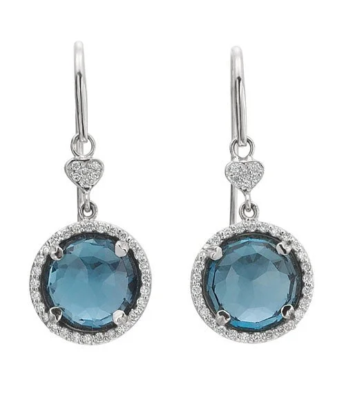 women’s crystal earrings-Blue topaz round drop earrings with diamonds 350-JSA