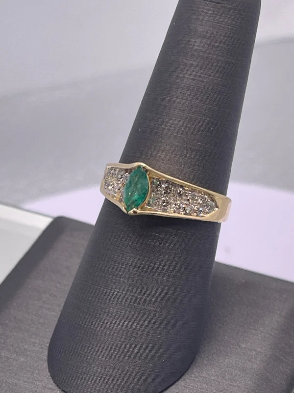 Ladies 14 Karat Yellow Gold Marquise Emerald & Diamond Ring