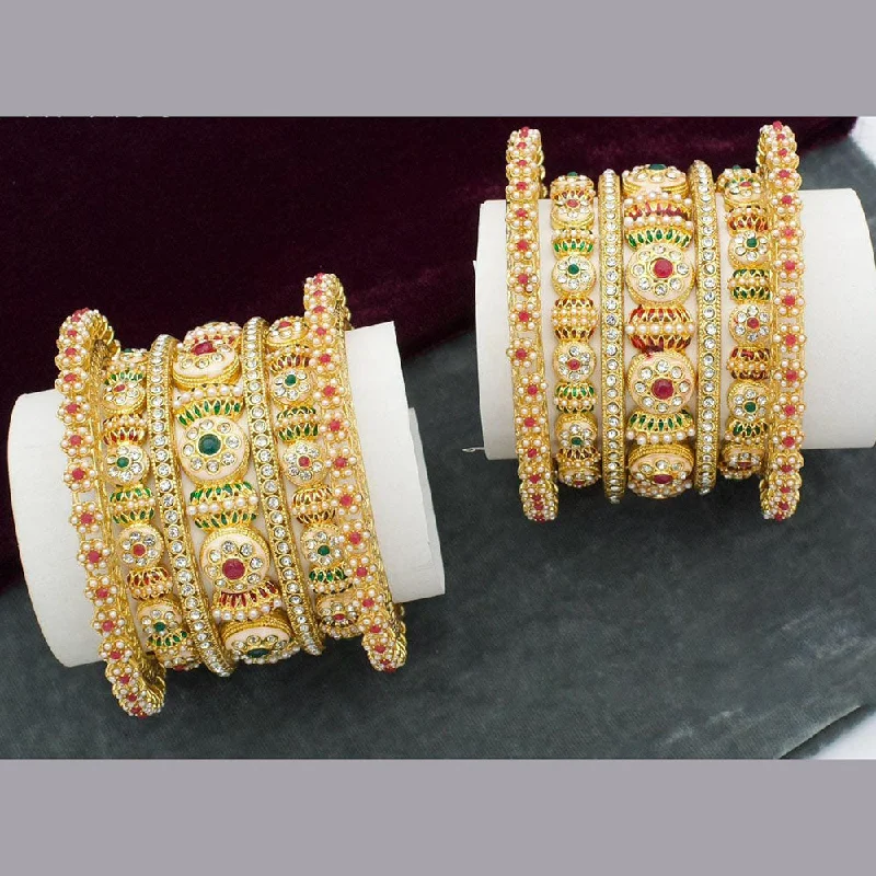 women’s ruby engagement rings-women’s bridal bracelet-Manisha Jewellery Gold Plated Austrian Stone And Pearl Bangles s Set