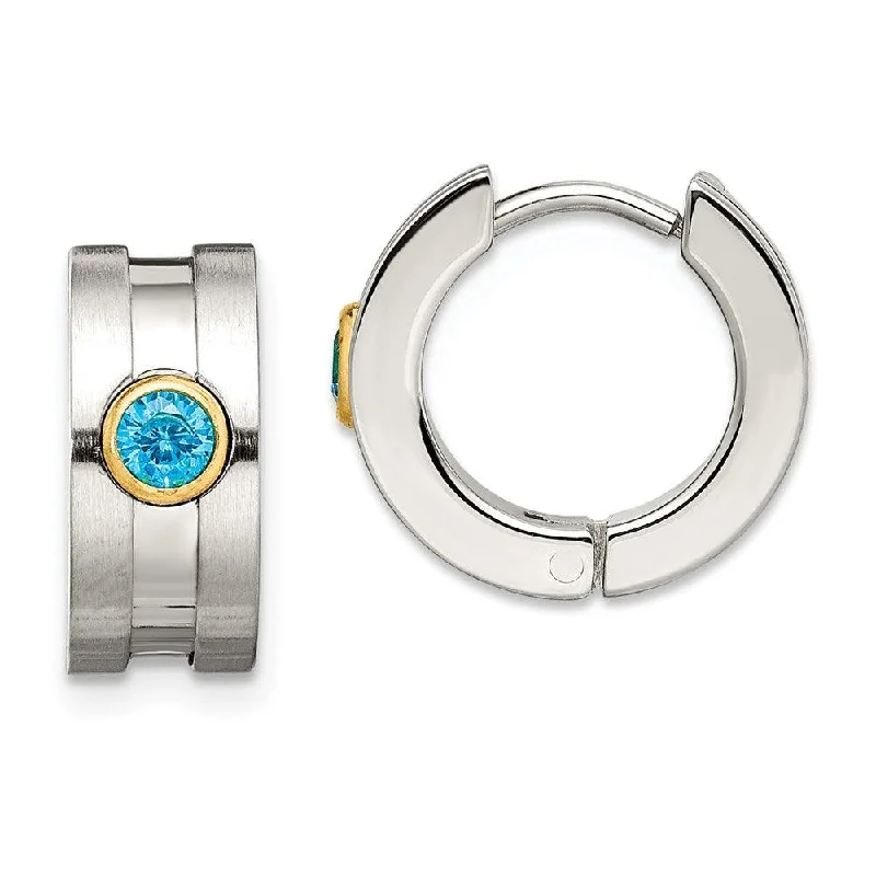 women’s birthstone earrings-Stainless Steel Teal CZ & Yellow-plated Hinged Hoop Earrings