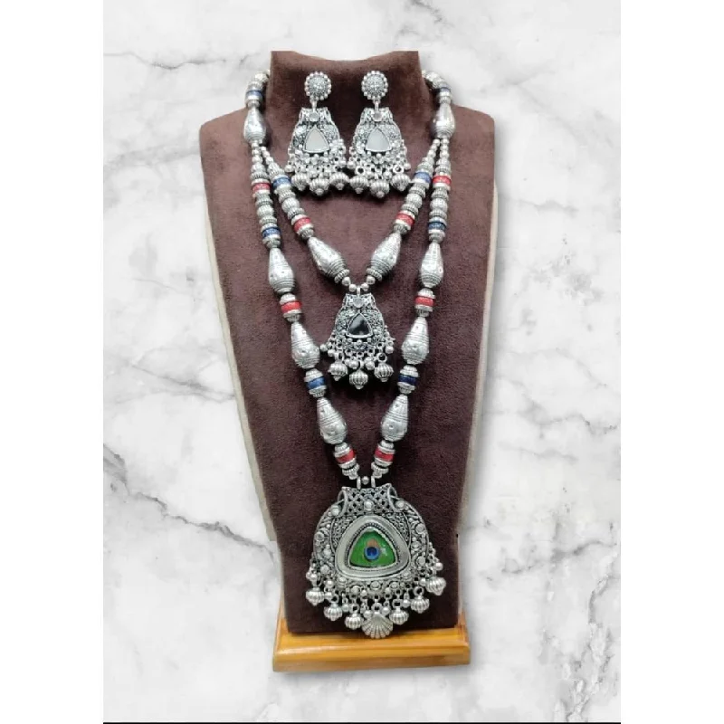 women’s diamond pendant necklace-Akruti Collection Oxidised  Plated Long mirror Necklace Set