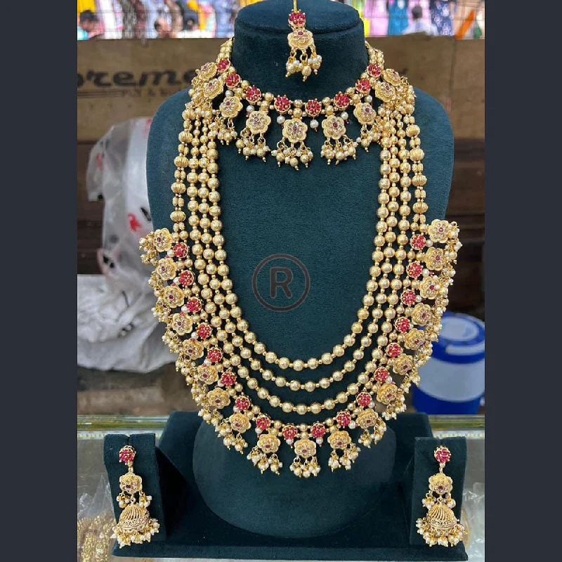 women’s diamond chain necklace-Manisha Jewellery Gold Plated Pota Stone And Pearls Double Necklace Set