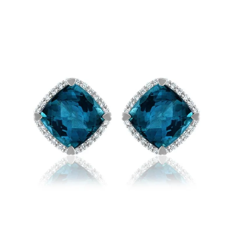 women’s bridal earrings-Lisa Nik 18k white gold rhodium plated Rocks cushion shape London blue topaz stud earrings