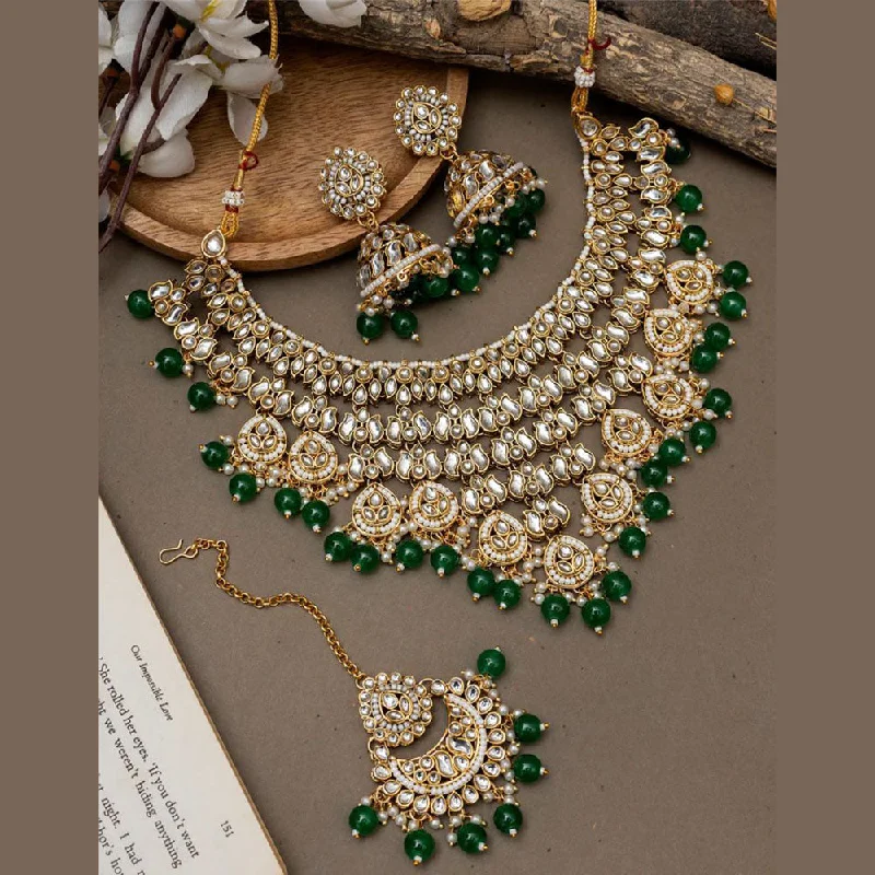 women’s diamond chain necklace-Sai Fashion Gold Plated Kundan Stone And Pearls Necklace Set