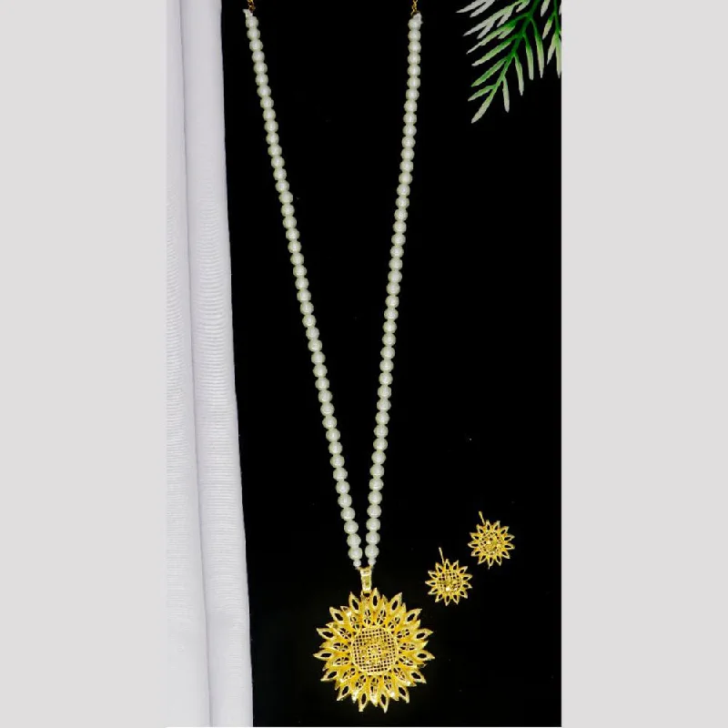 women’s turquoise necklace-Mahavir Gold Plated Pearls Long Necklace Set