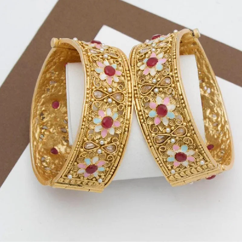 women’s triple stone engagement rings-women’s stretch bracelet-Manisha Jewellery Gold Plated Pota Stone And Meenakari Openable Bangle Set