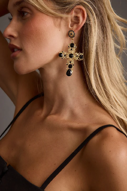 women’s crystal earrings-Arabella Gold and Black Statement Cross Earrings