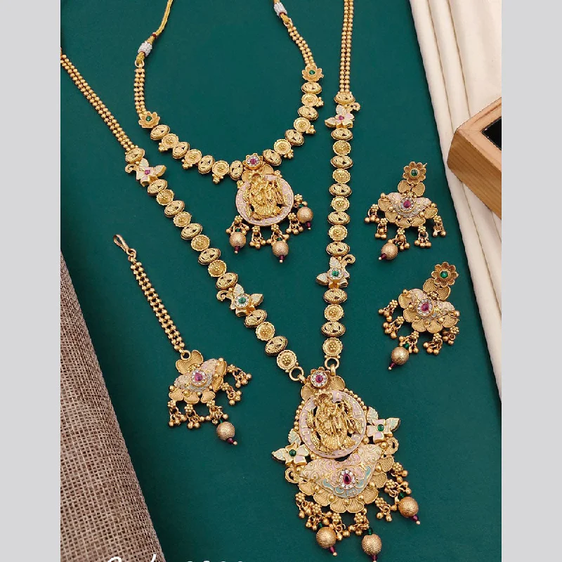 women’s solid gold necklace-Neetu Art Gold Plated Pota Stone Double Necklace Set