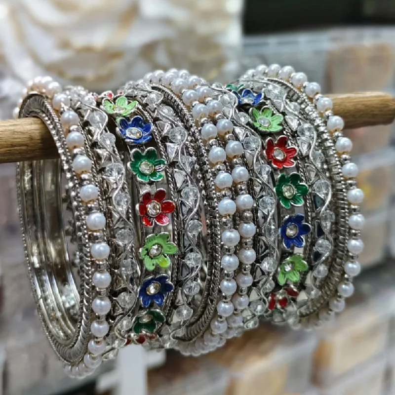 women’s wedding engagement ring sets-women’s braided bracelet-Kavita Art Silver Plated Austrian Stone And Beads Bangles Set