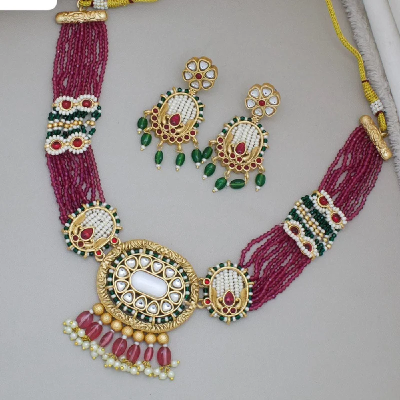 women’s rose gold necklace-JCM Gold Plated Kundan Stone And Beads Necklace Set