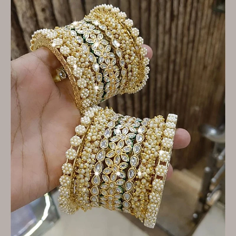 women’s diamond engagement rings for women-women’s two-tone bracelet-Pooja Bangles Gold Plated Kundan Stone And Pearls Bangles Set