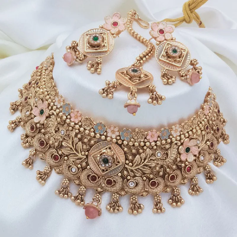 women’s pendant necklace-Akruti Collection Gold Plated Pota Stone And Pearls Meenakari Choker Necklace Set